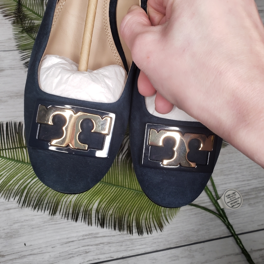 Tory Burch Gigi Heels Navy Blue Suede Leather 8 NEW Gold Pumps Gorgeous Designer - Picture 8 of 10